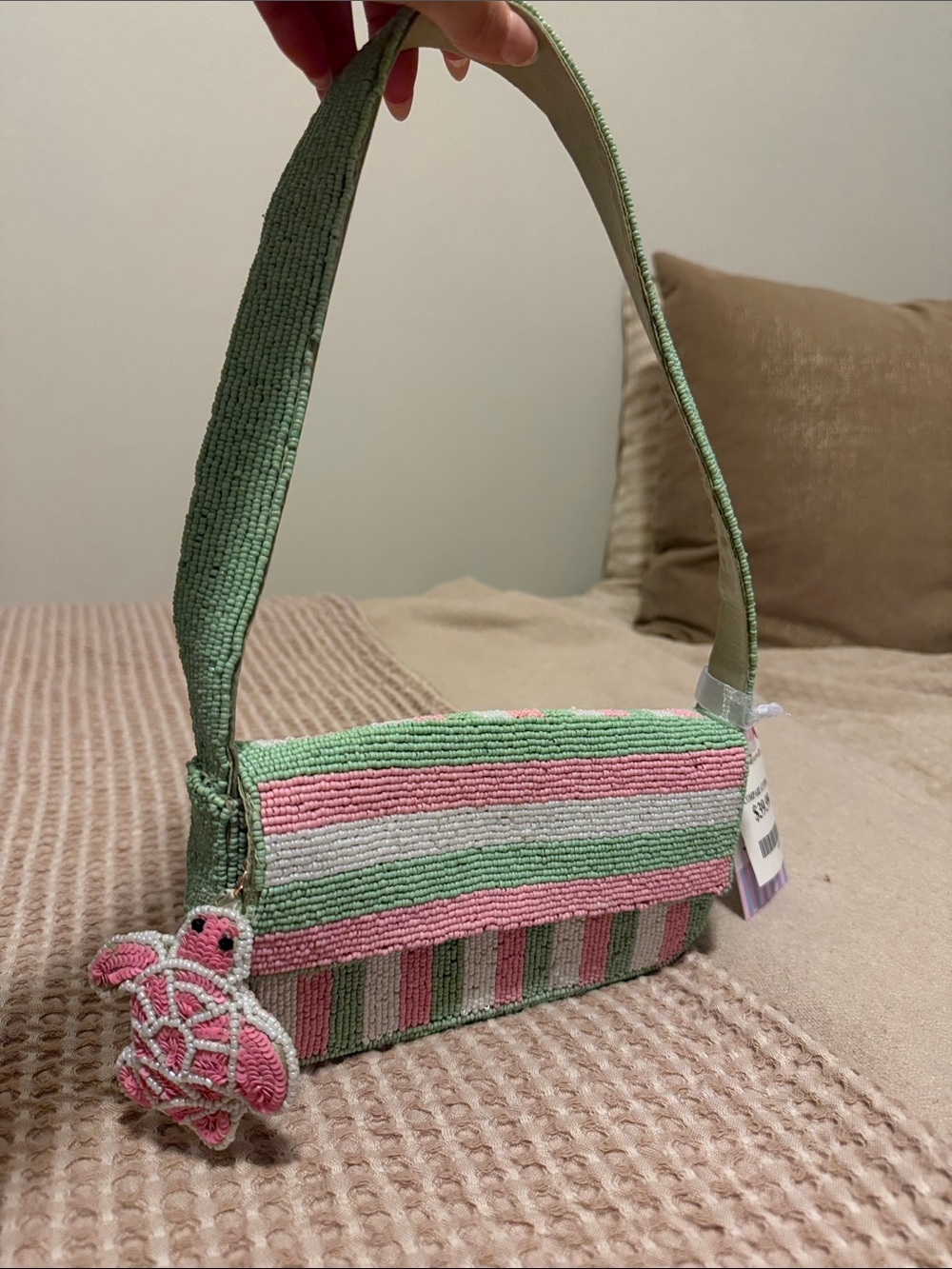 Beaded Pink & Green Striped Shoulder Bag with Turtle Charm
